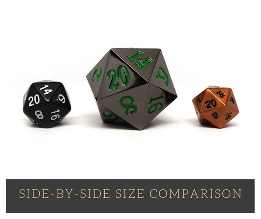 35mm Over Sized Gunmetal Green D20 Dice - Out of Play