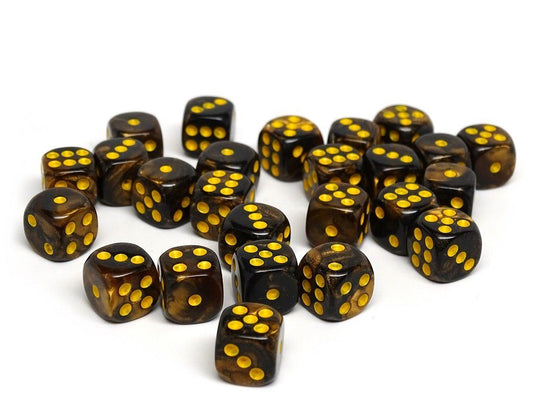 12mm D6 Dice - Yellow and Black Granite - 25 Count Bag - Out of Play