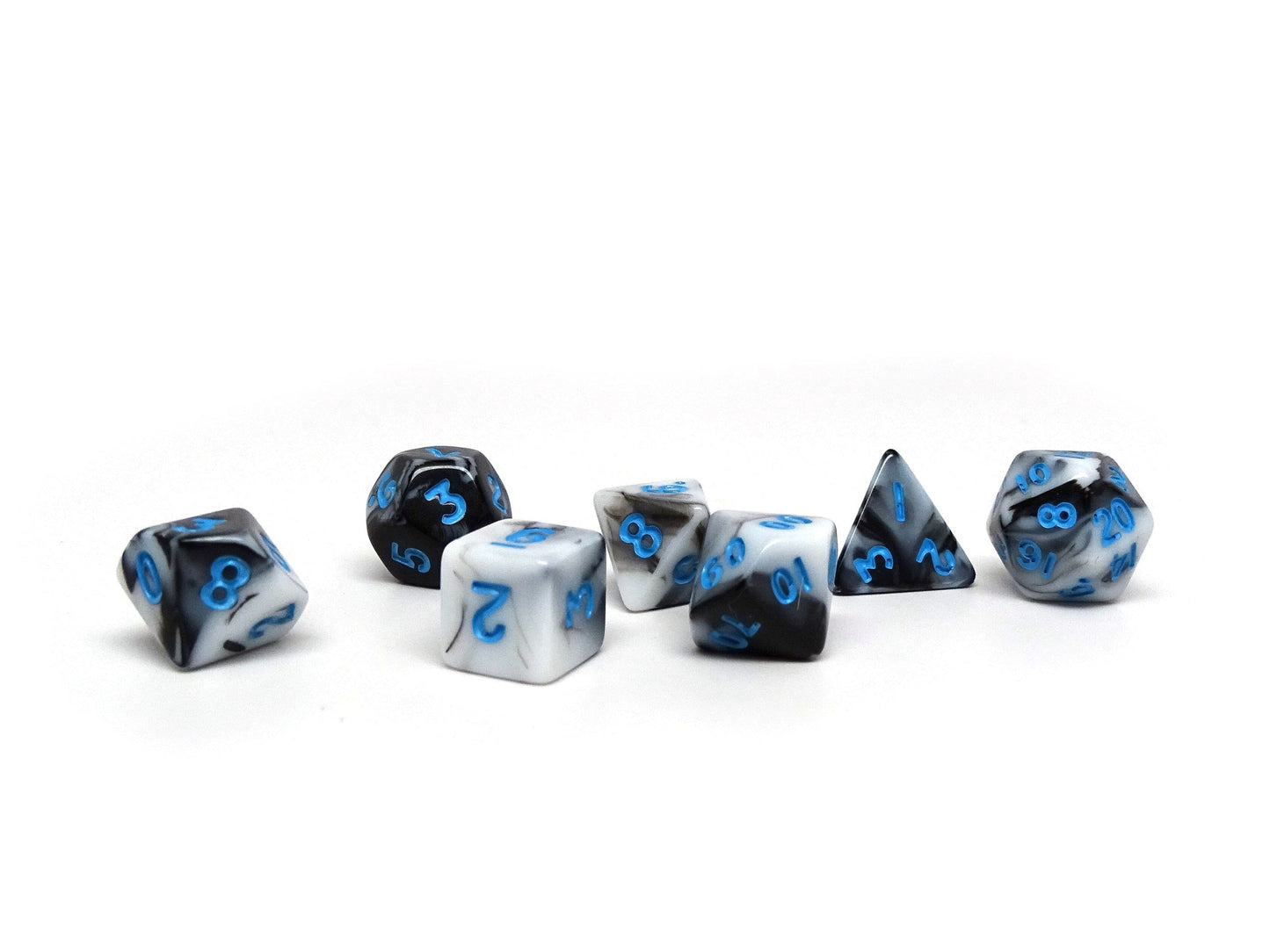 10mm Marbled with Blue Numbering Mini Dice Set - Out of Play