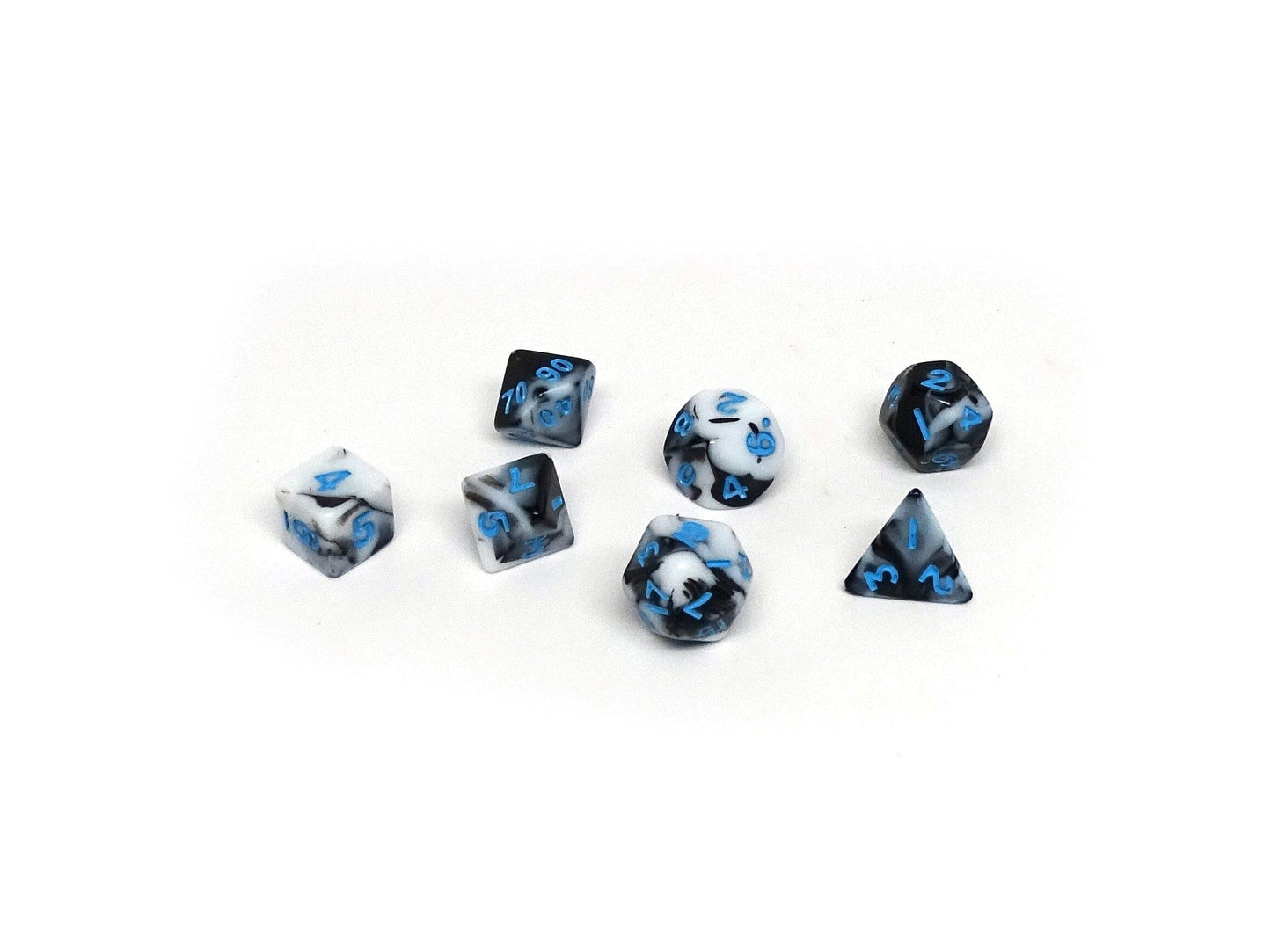 10mm Marbled with Blue Numbering Mini Dice Set - Out of Play