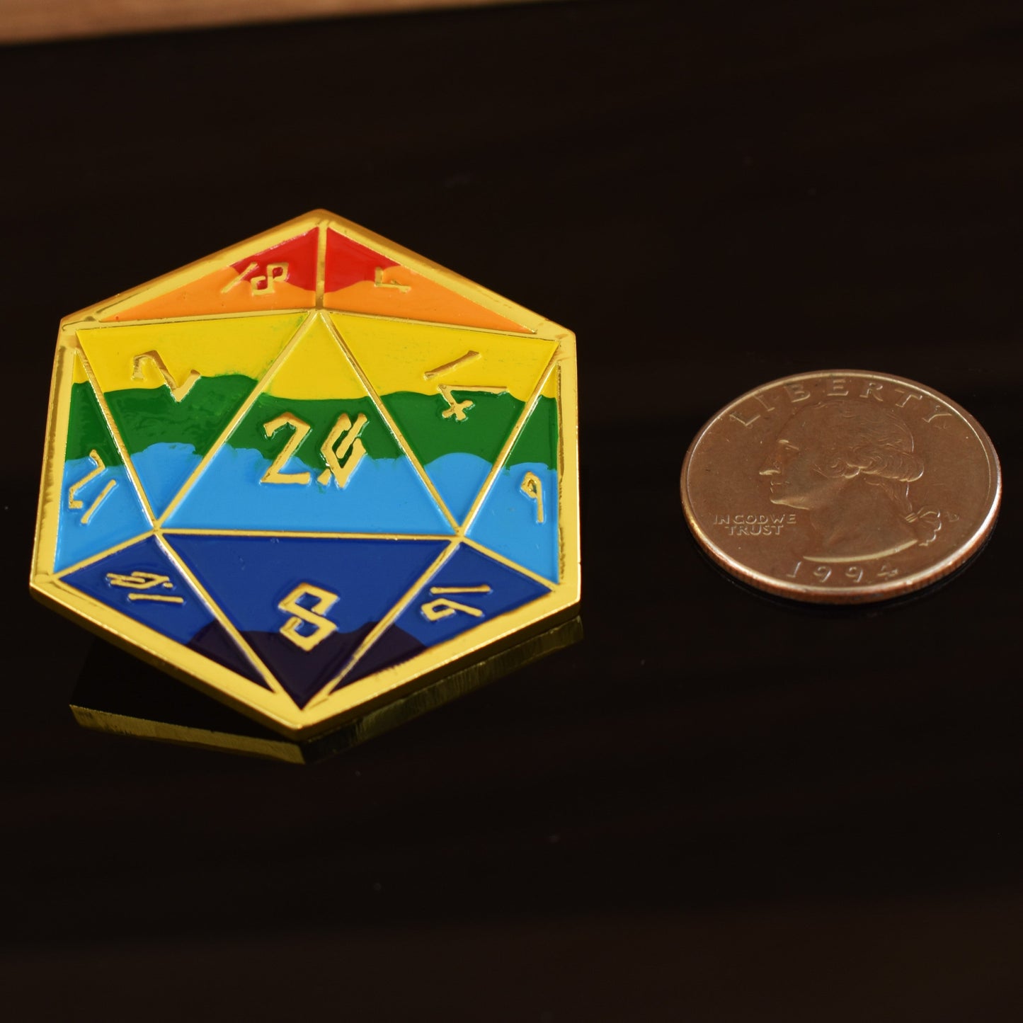 Pride and Gold Rainbow D20 Pin (Large) - Out of Play