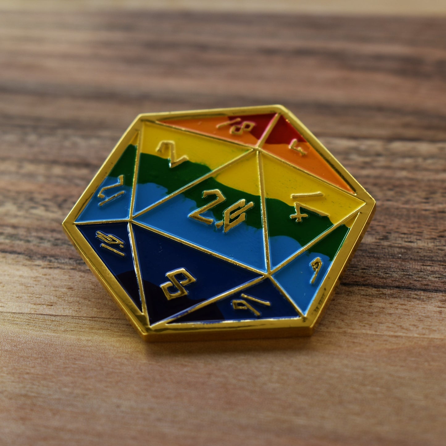 Pride and Gold Rainbow D20 Pin (Large) - Out of Play