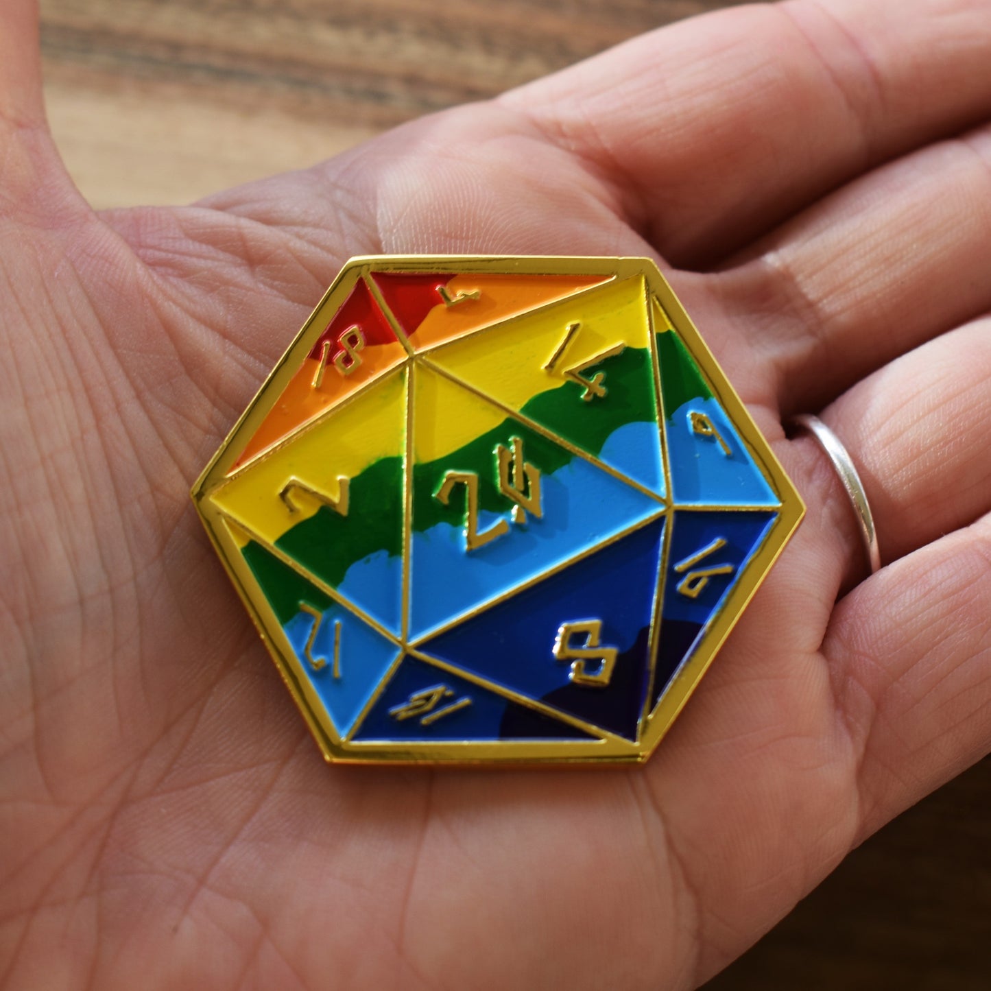 Pride and Gold Rainbow D20 Pin (Large) - Out of Play