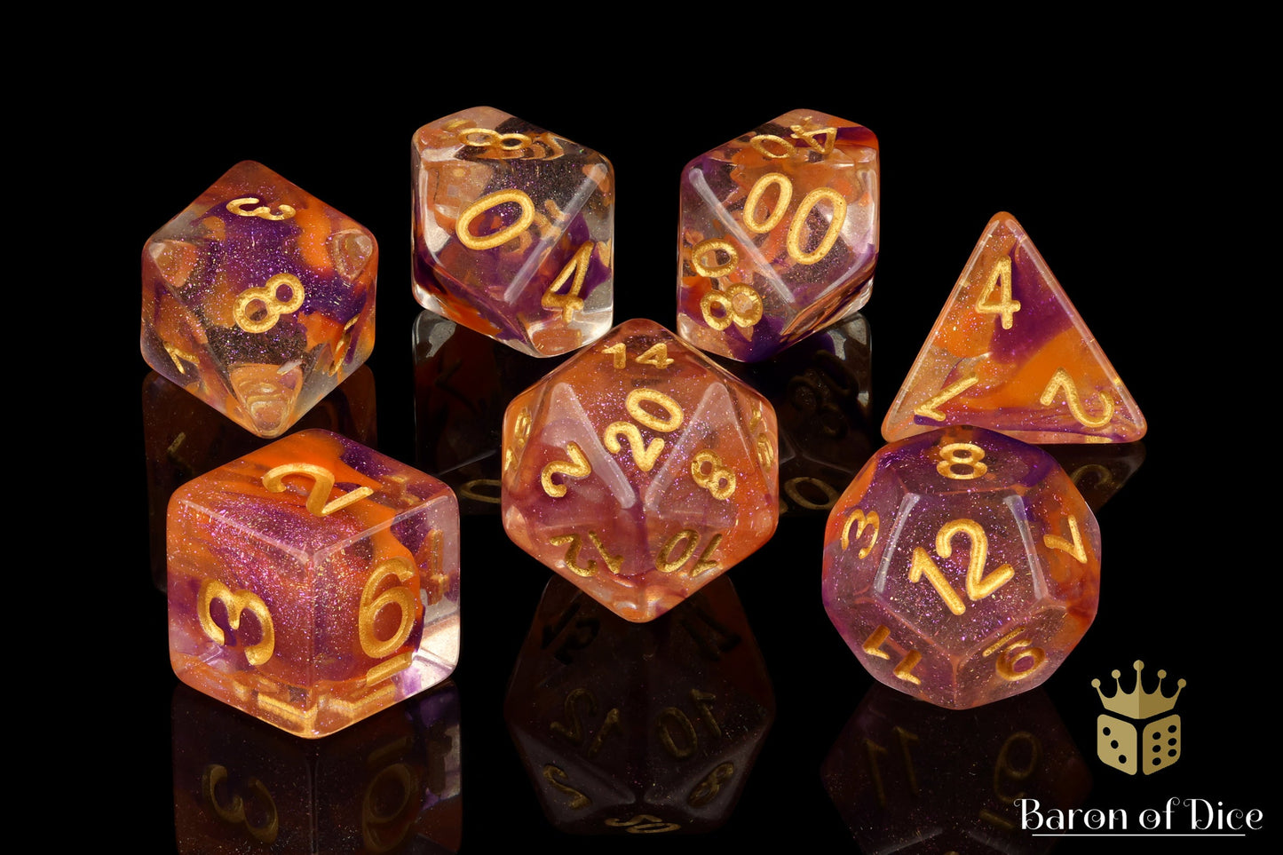Orange & Purple RPG Dice Set - 7 Pieces - Out of Play