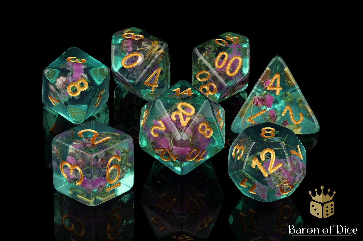 Teal With Purple Flowers RPG Dice Set - 7 Pieces