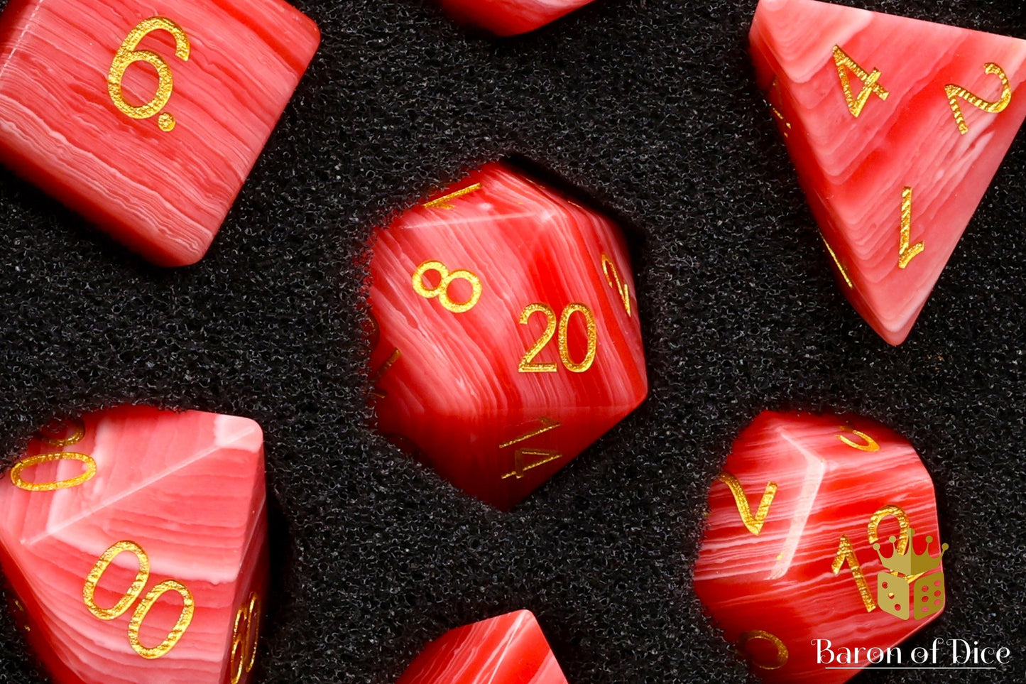 Rhodochrosite Sharp Edge RPG Dice Set - 7 Pieces - Out of Play