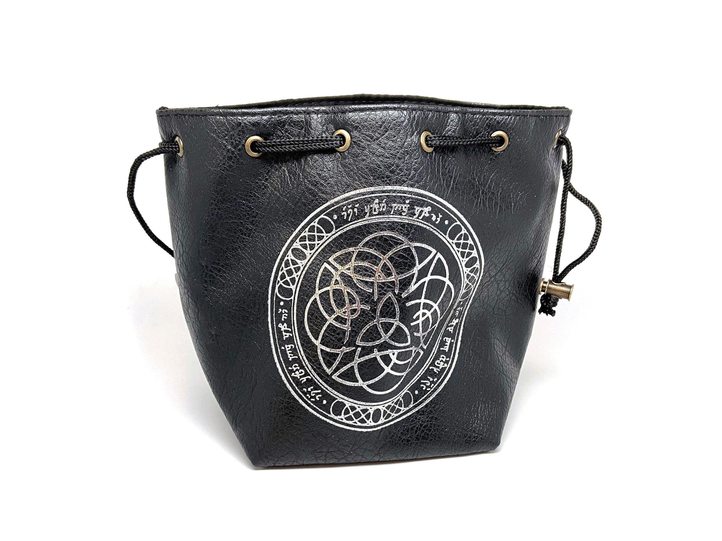 Black Leather Lite Elven Runes Design Self-Standing Large Dice Bag Easy Roller Dice Company