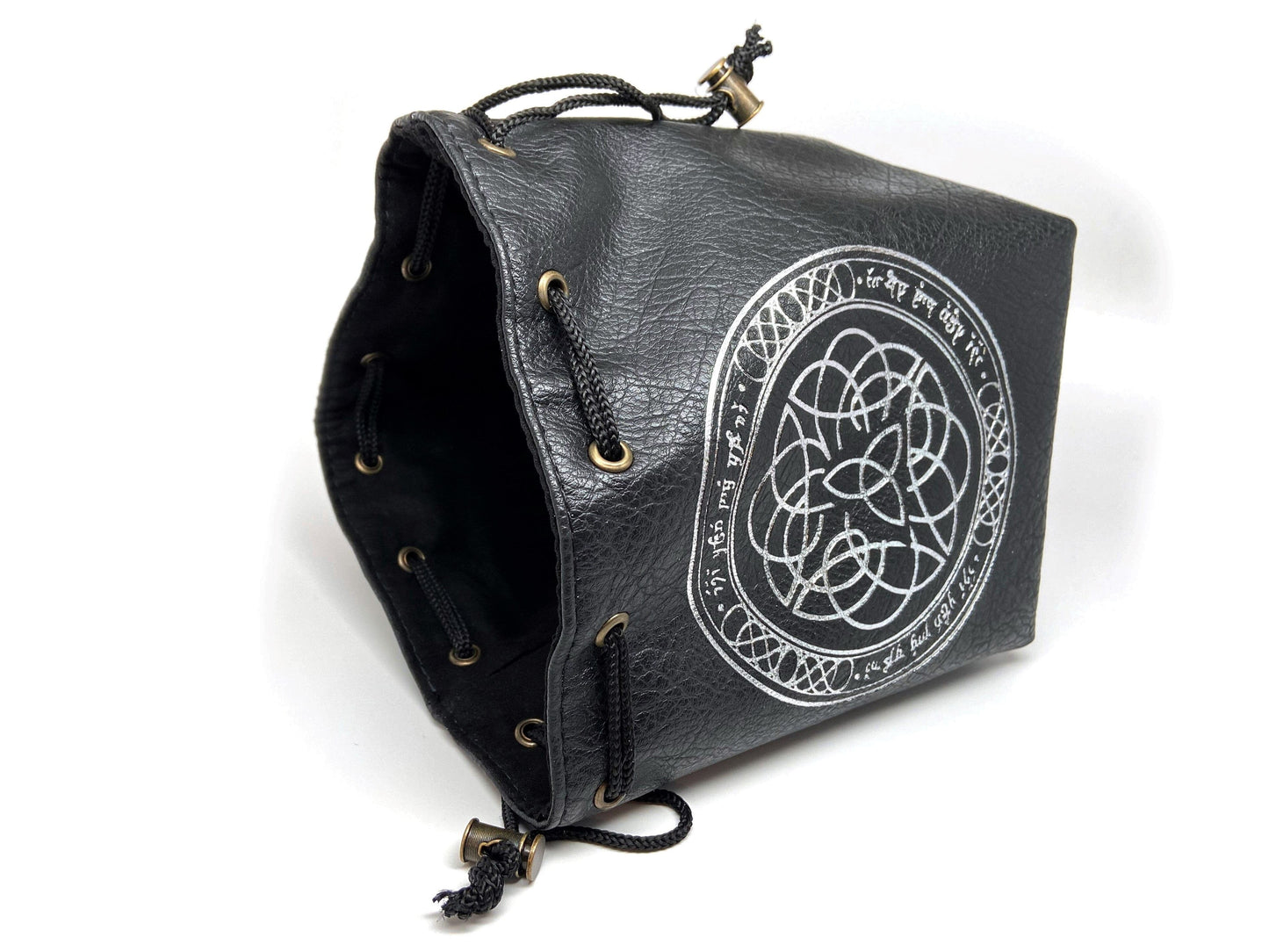 Black Leather Lite Elven Runes Design Self-Standing Large Dice Bag Easy Roller Dice Company