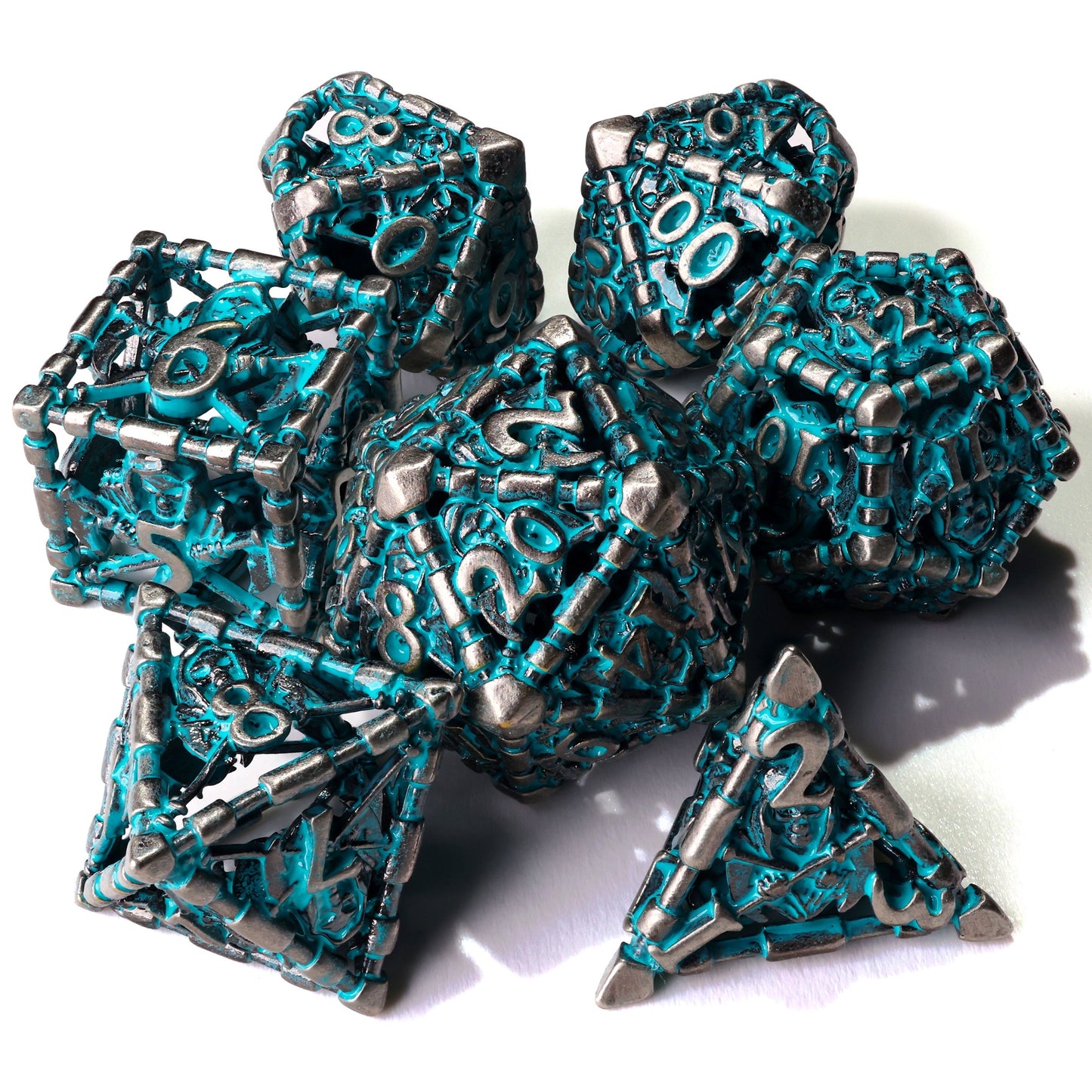 Grim Reaper Teal Glow Metal RPG Dice Set - 7 Pieces - Out of Play