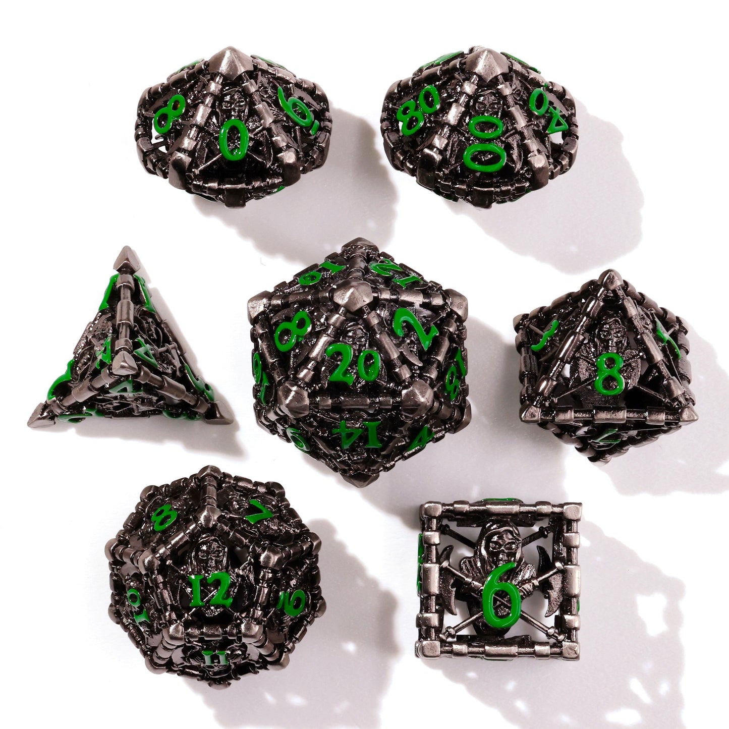 Grim Reaper Ethereal Glow Metal RPG Dice Set - 7 Pieces - Out of Play