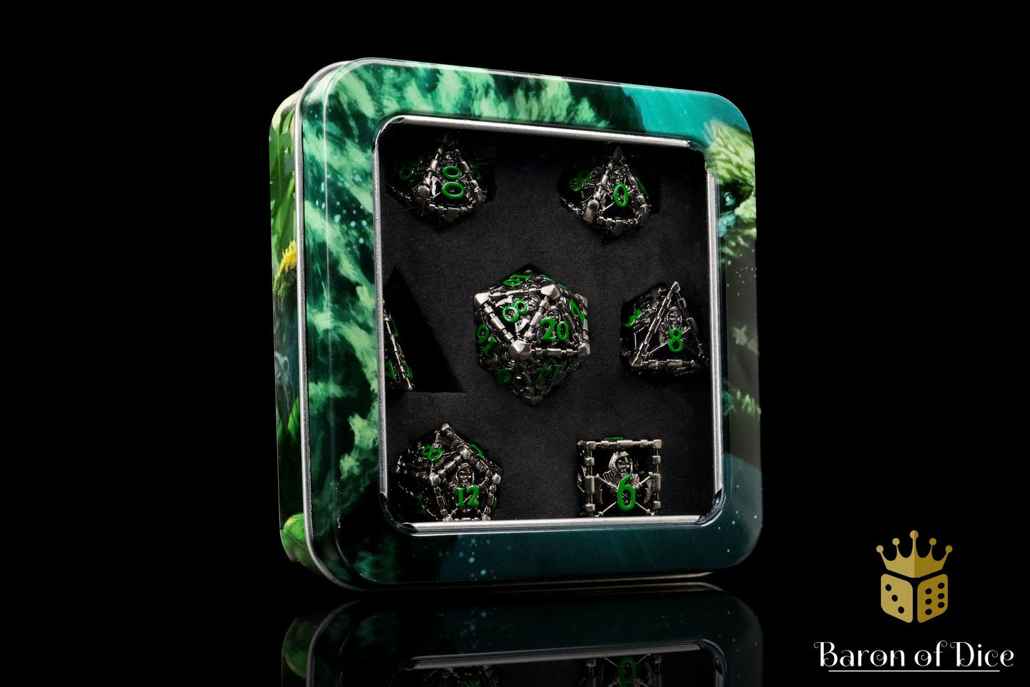 Grim Reaper Ethereal Glow Metal RPG Dice Set - 7 Pieces - Out of Play
