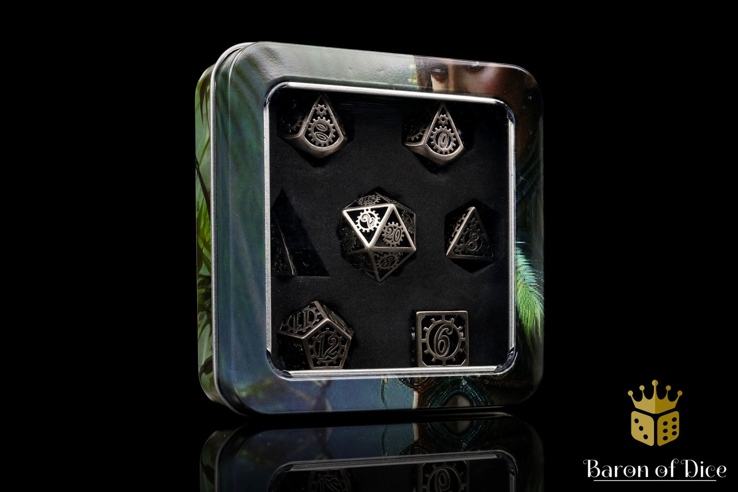 Silver Machinery Metal RPG Dice Set - 7 Pieces - Out of Play
