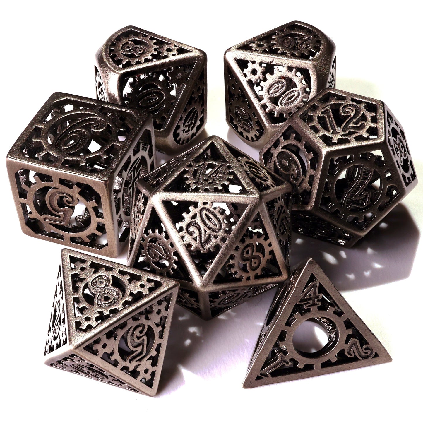 Silver Machinery Metal RPG Dice Set - 7 Pieces - Out of Play