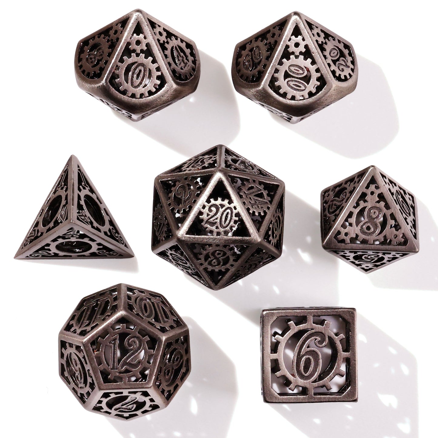 Silver Machinery Metal RPG Dice Set - 7 Pieces - Out of Play