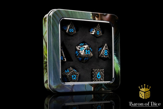 Blue Tiger's Eye Metal RPG Dice Set - 7 Pieces - Out of Play