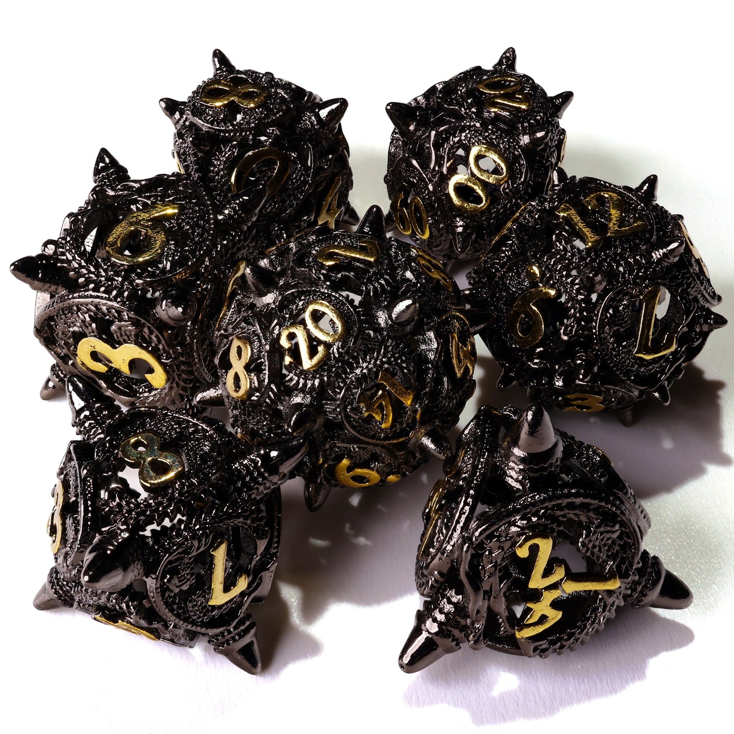 Coiled Black Dragon Metal RPG Dice Set - 7 Pieces - Out of Play