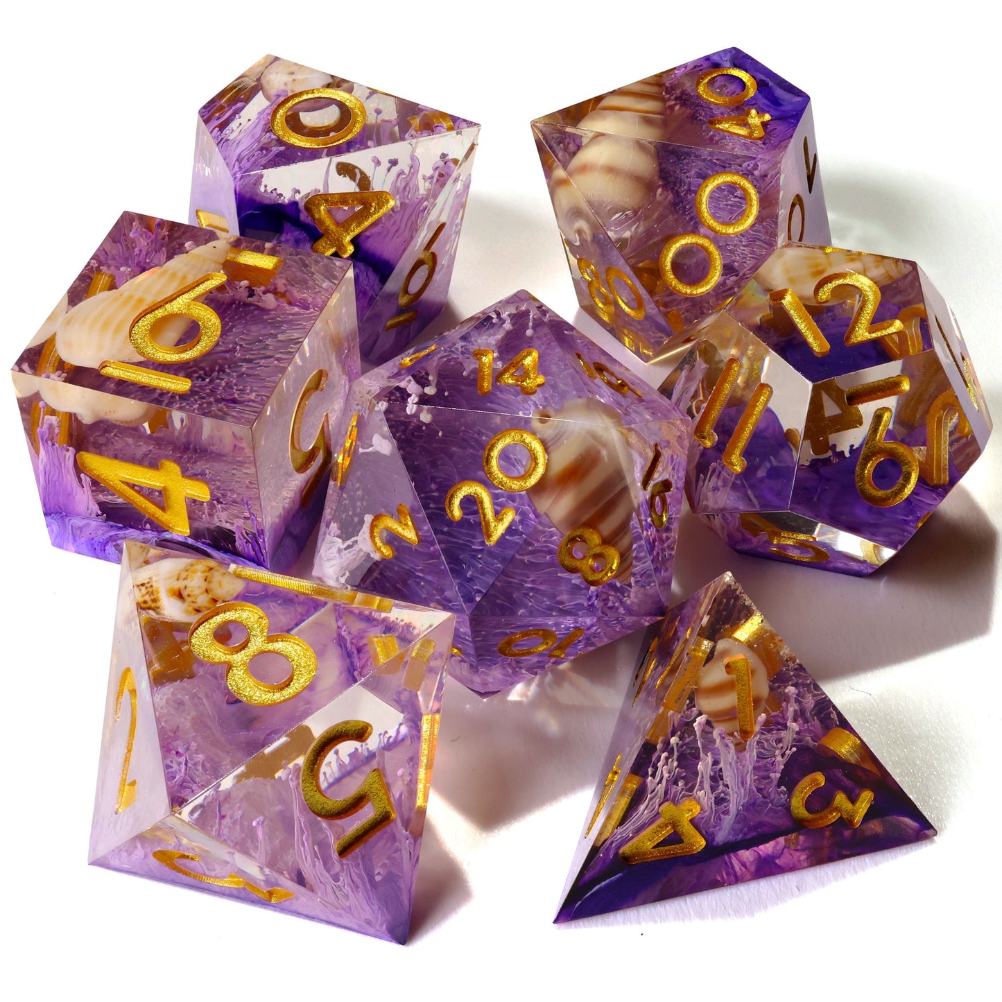 Purple Seashell Sharp Edge RPG Dice Set - 7 Pieces - Out of Play