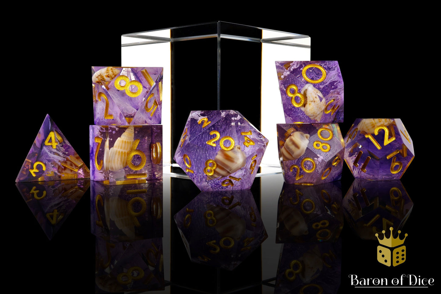 Purple Seashell Sharp Edge RPG Dice Set - 7 Pieces - Out of Play