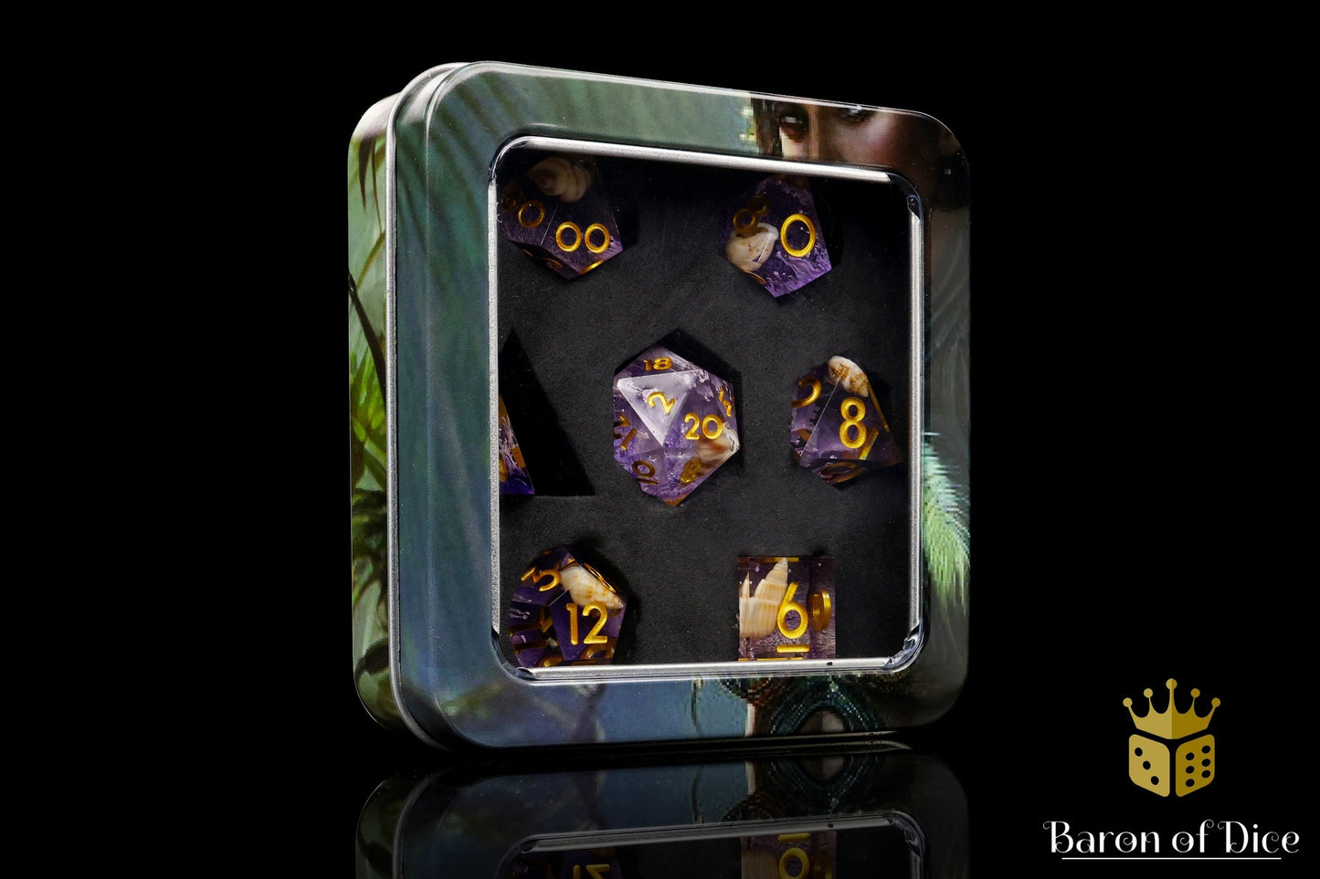 Purple Seashell Sharp Edge RPG Dice Set - 7 Pieces - Out of Play
