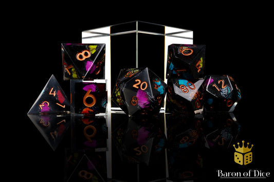 Black Butterfly Sharp Edge RPG Dice Set - 7 Pieces - Out of Play