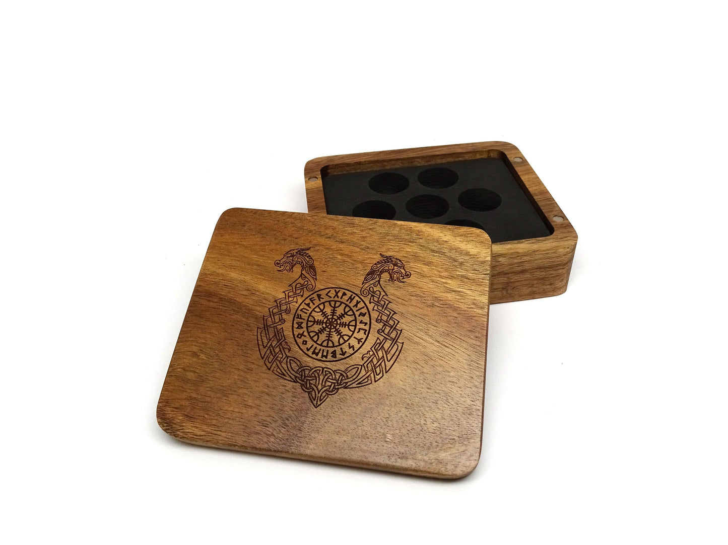Ornate Helm of Awe Wooden Dice Case Easy Roller Dice Company