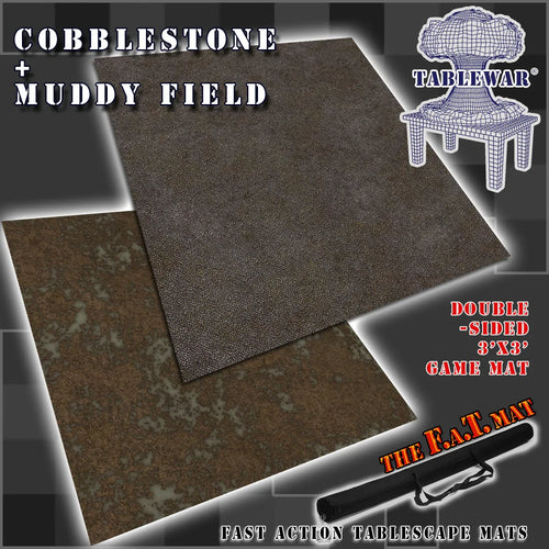 3x3' Double Sided 'Cobblestone + Muddy Field' F.A.T. Mat Battle Gaming Mat - Out of Play