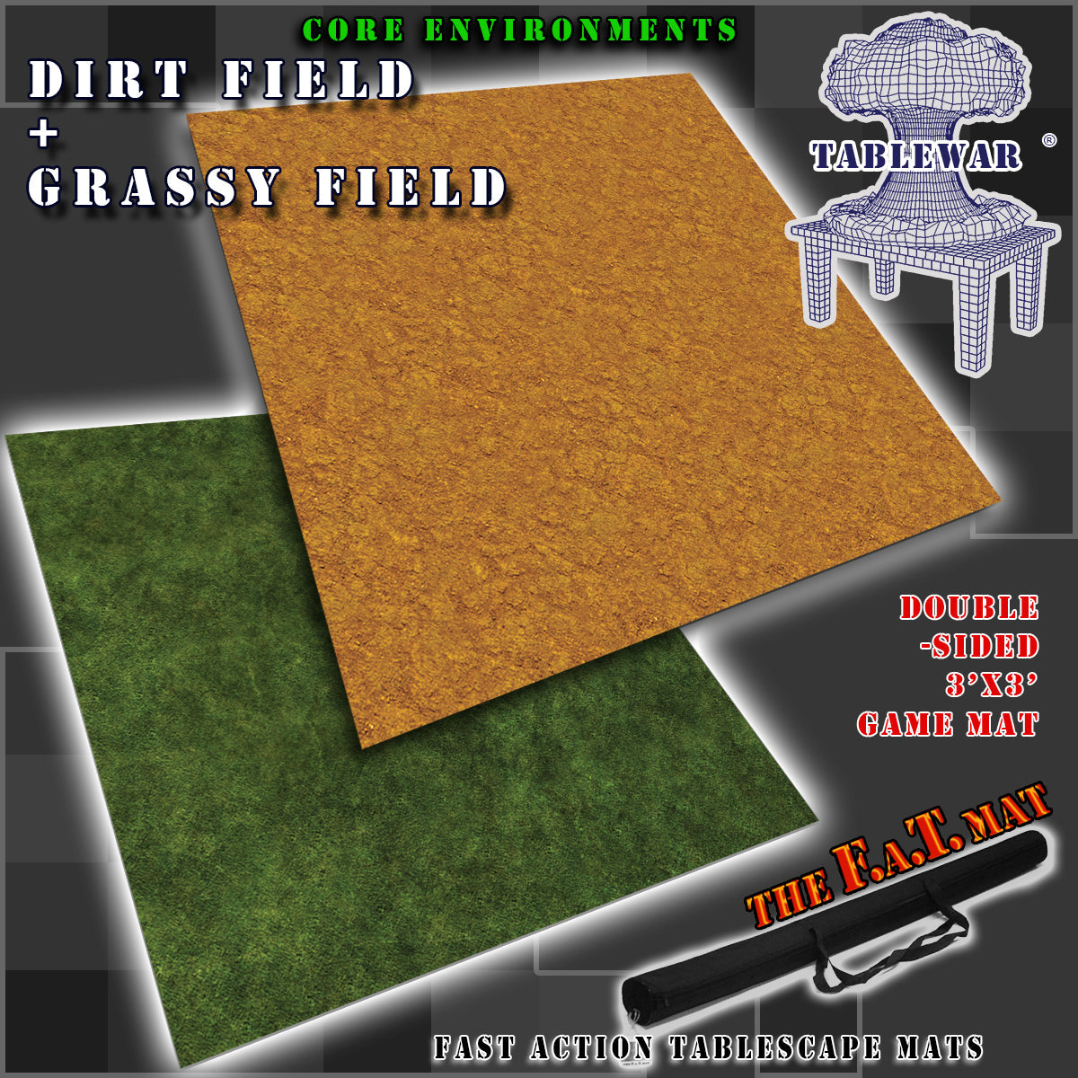 3x3' Double-Sided 'Dirt Field + Grassy Field' F.A.T. Mat Battle Gaming Mat