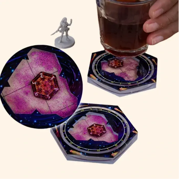 DND Coaster - Acrylic Hexagon Coaster with Liquid Glitter Quicksand - Out of Play Board Game Accessories