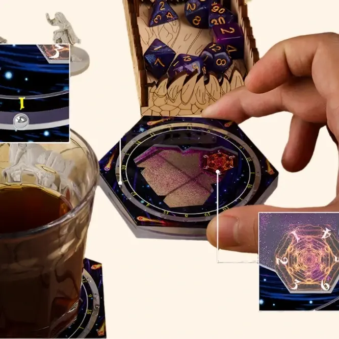 DND Coaster - Acrylic Hexagon Coaster with Liquid Glitter Quicksand - Out of Play Board Game Accessories