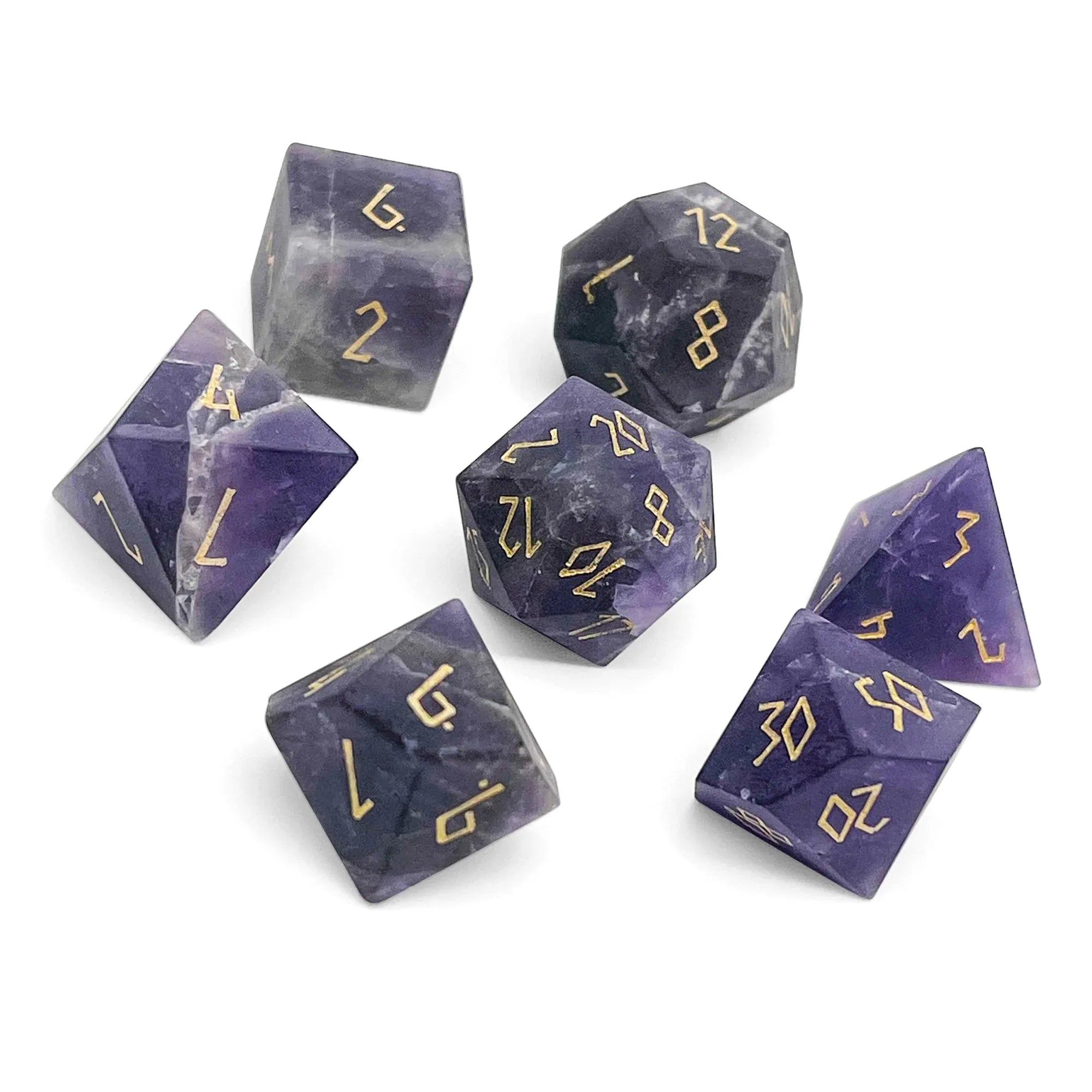 Amethyst - Frosted Gold Font 7 Piece RPG Set Gemstone Dice - Out of Play