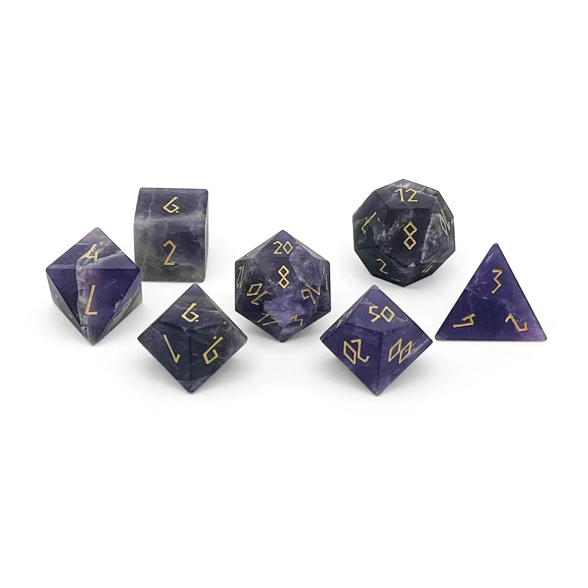Amethyst - Frosted Gold Font 7 Piece RPG Set Gemstone Dice - Out of Play