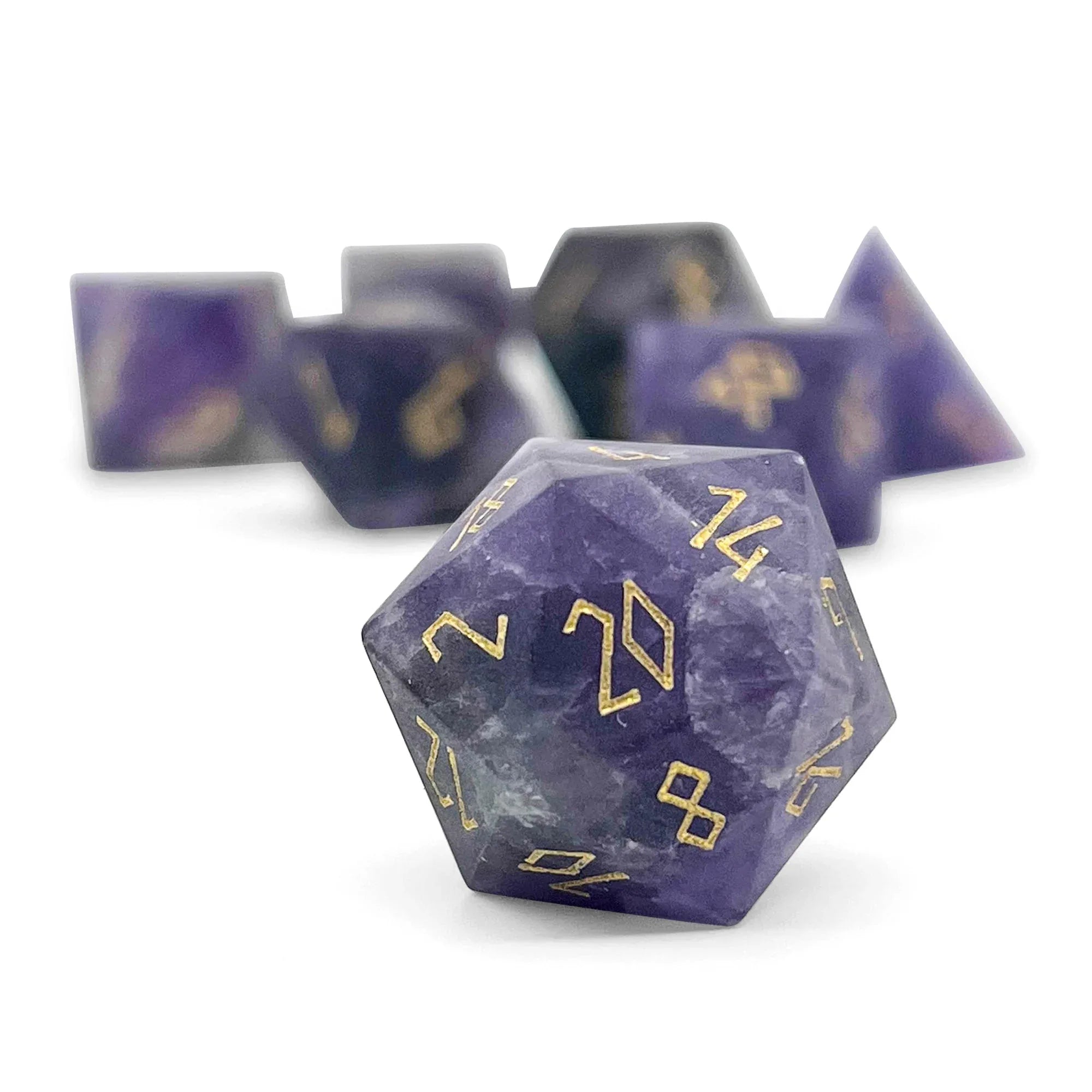 Amethyst - Frosted Gold Font 7 Piece RPG Set Gemstone Dice - Out of Play
