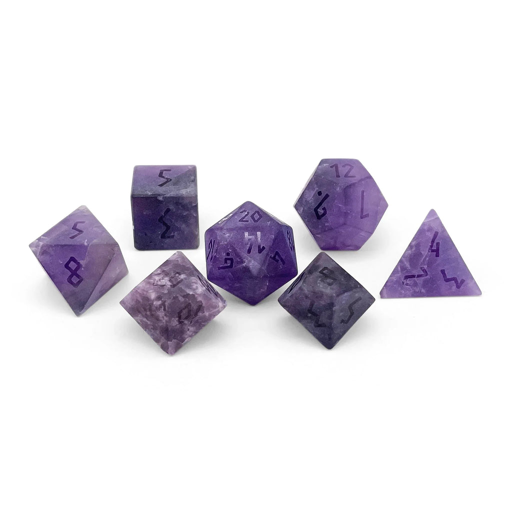 Amethyst - Frosted - Raised 7 Piece RPG Set Gemstone Dice - Out of Play