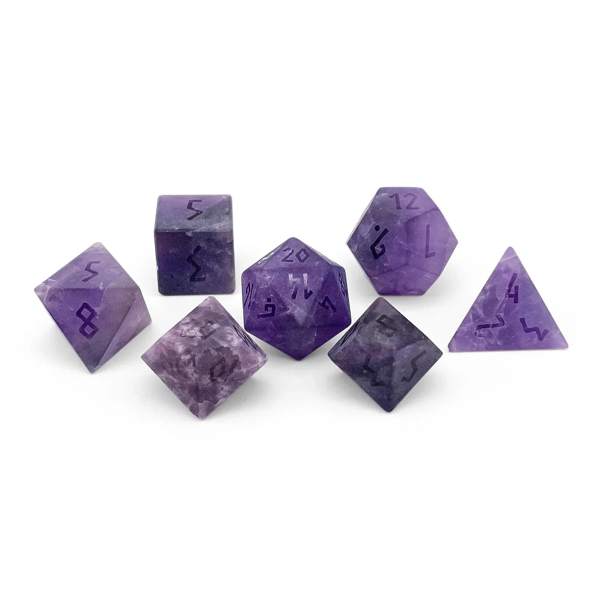 Amethyst - Frosted - Raised 7 Piece RPG Set Gemstone Dice - Out of Play