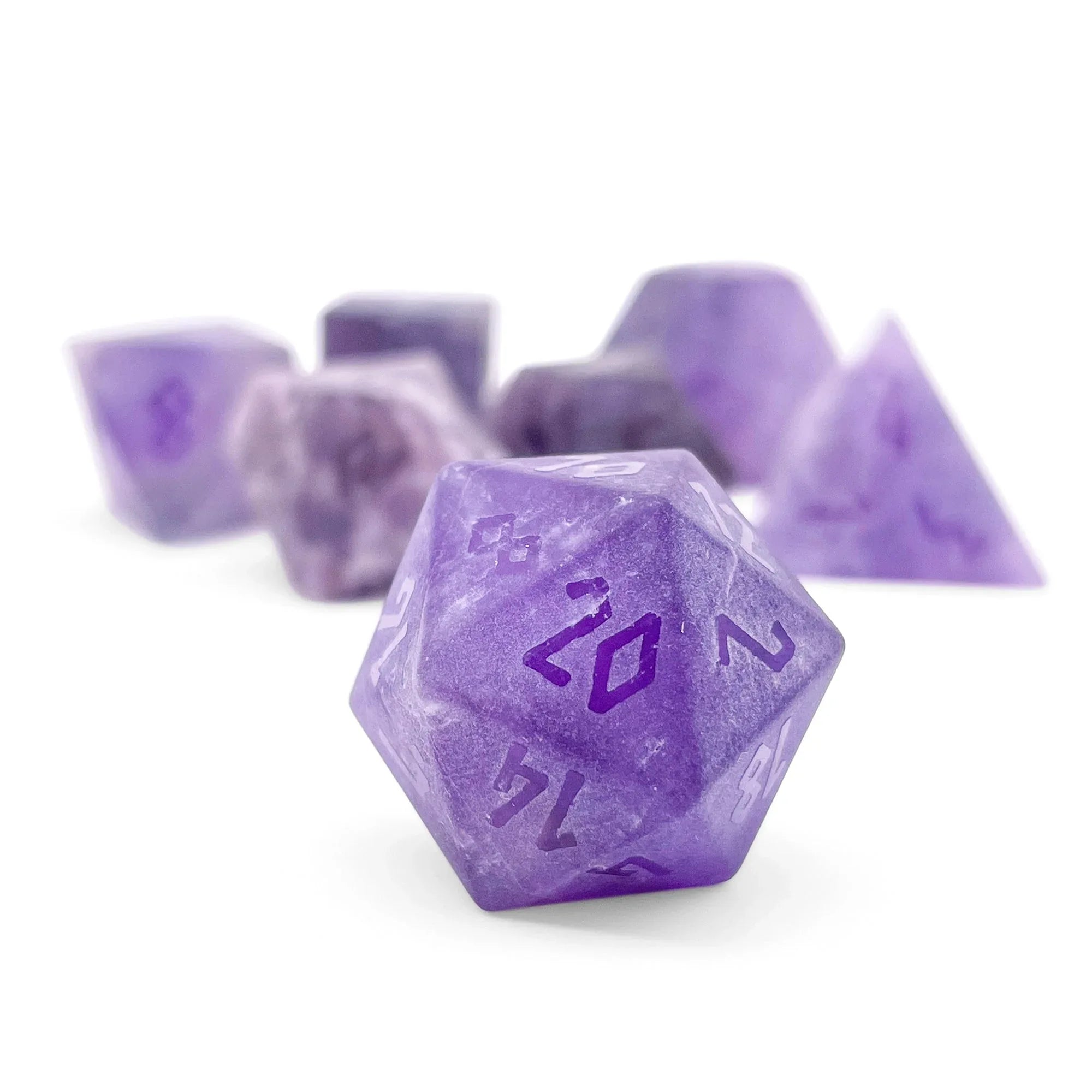 Amethyst - Frosted - Raised 7 Piece RPG Set Gemstone Dice - Out of Play