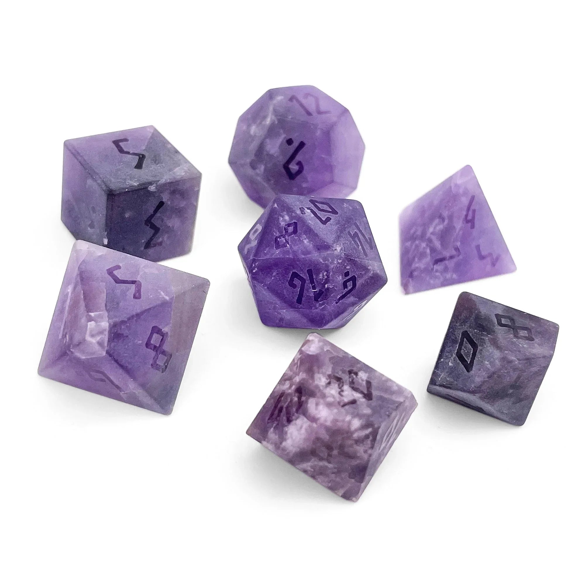 Amethyst - Frosted - Raised 7 Piece RPG Set Gemstone Dice - Out of Play