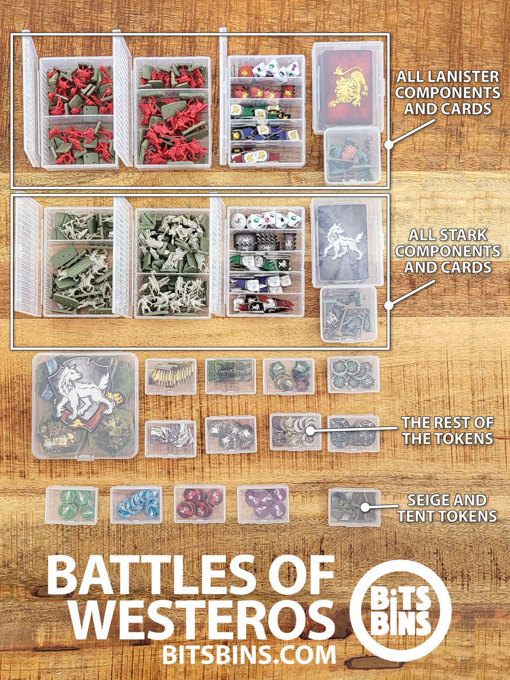 BitsBins Battles of Westeros - 13 Minis, 2 card Boxes, 1 Flat, 2 Stacks, 6 Tarots - Out of Play