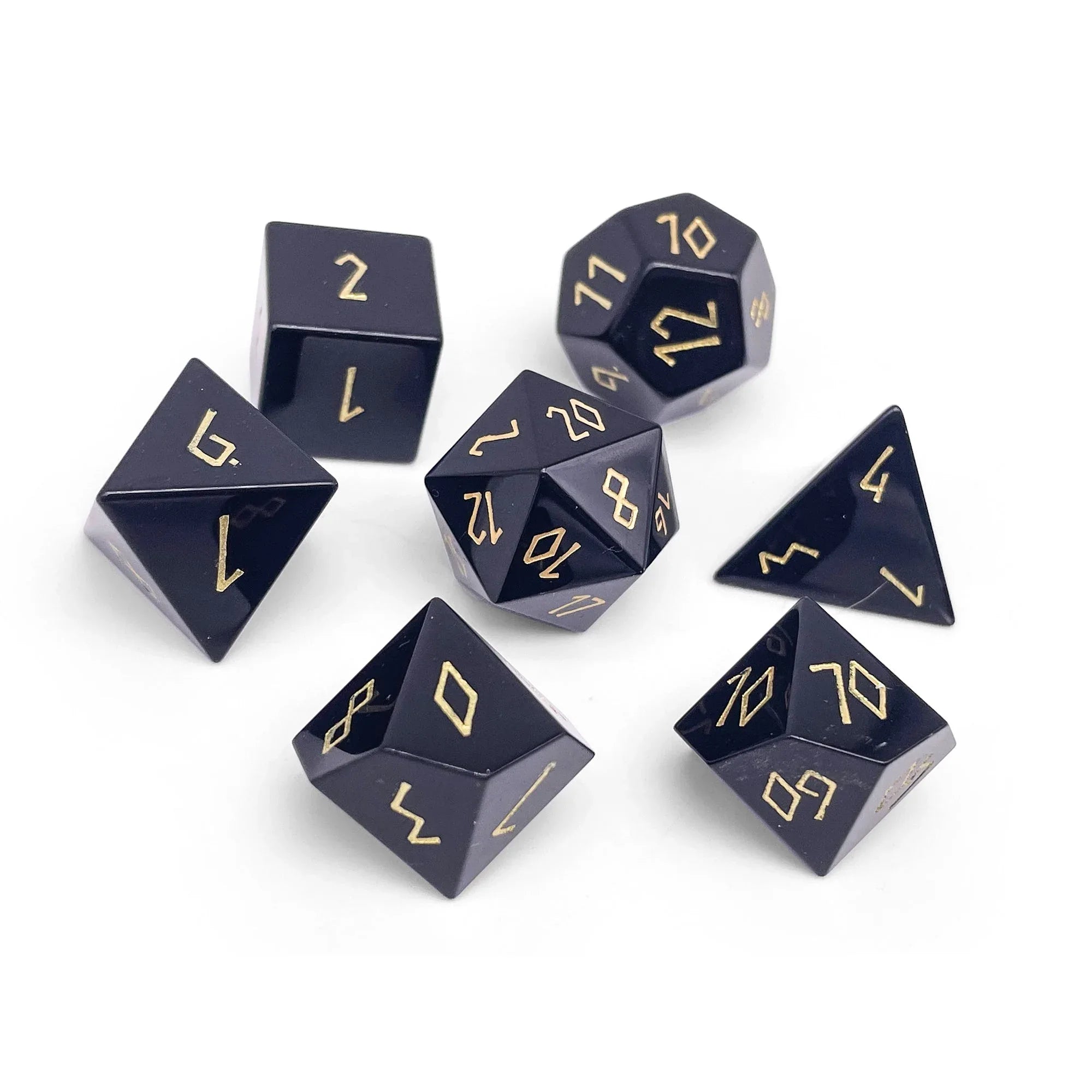 Black Obsidian - Gold Font - 7 Piece RPG Set Gemstone Dice - Out of Play