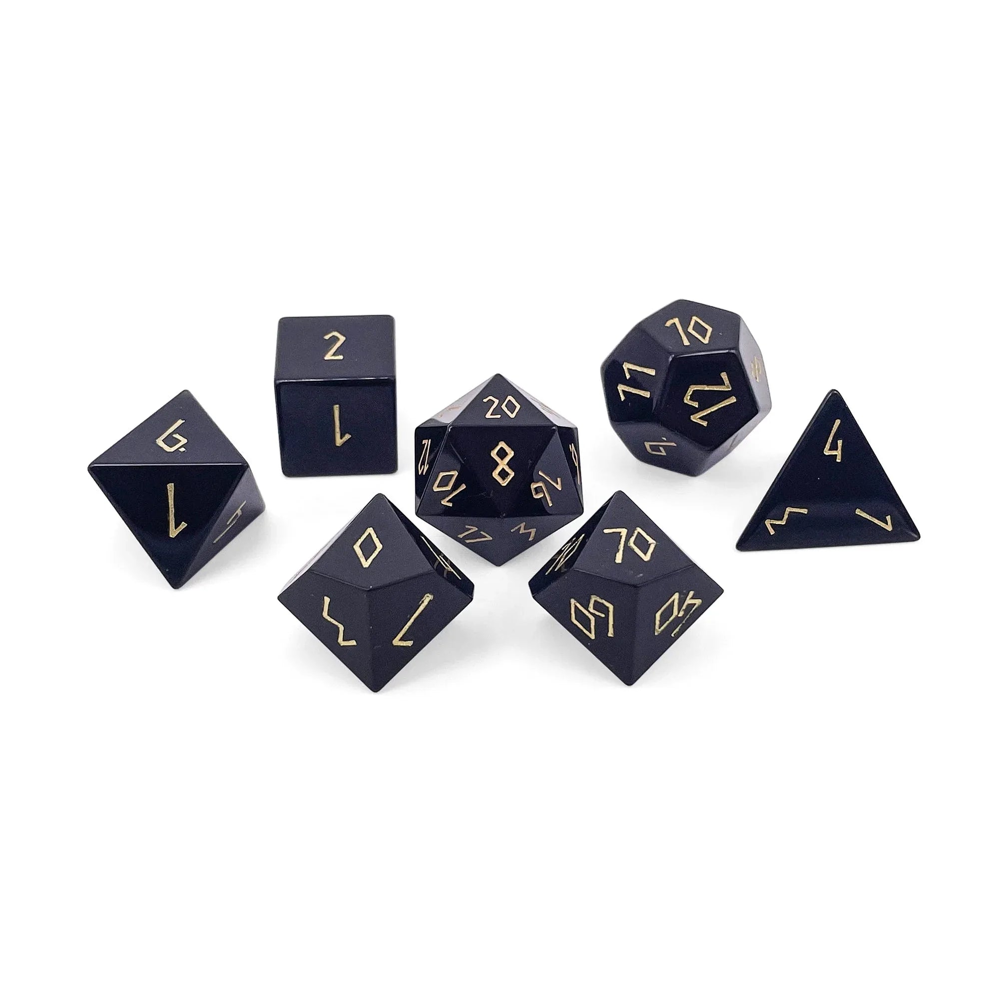 Black Obsidian - Gold Font - 7 Piece RPG Set Gemstone Dice - Out of Play
