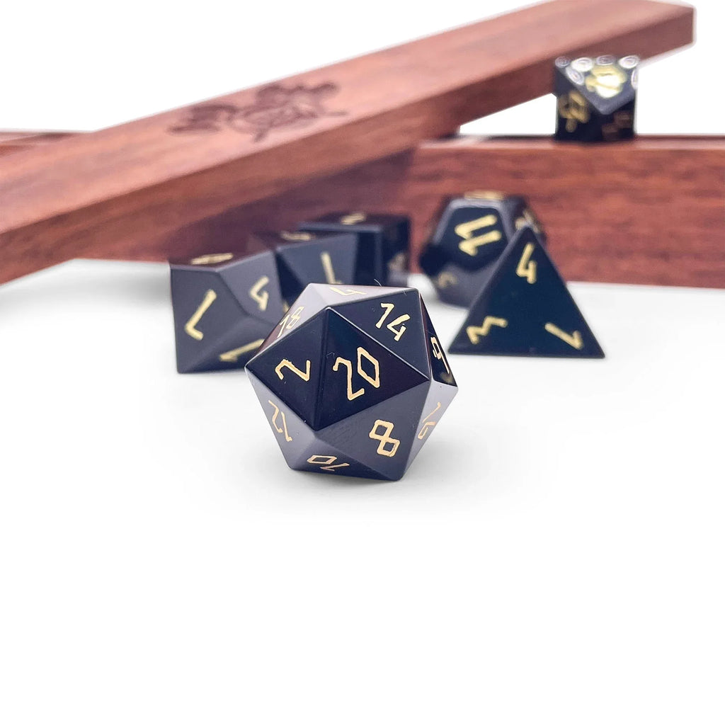 Black Obsidian - Gold Font - 7 Piece RPG Set Gemstone Dice - Out of Play