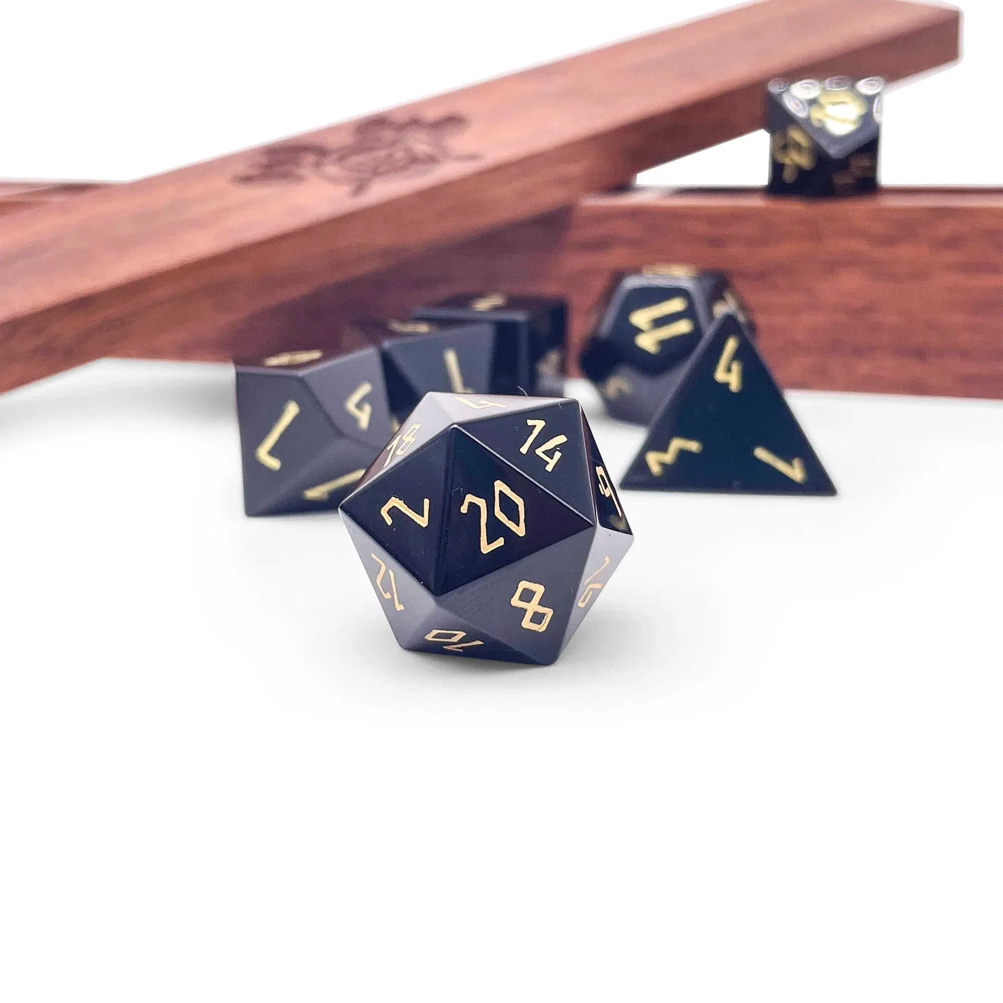 Black Obsidian - Gold Font - 7 Piece RPG Set Gemstone Dice - Out of Play