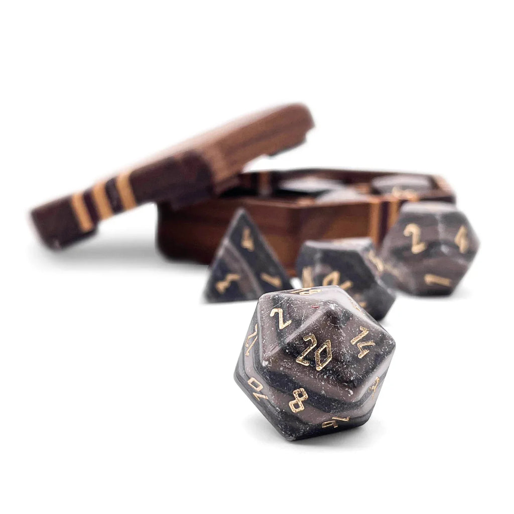 Black Striped Marble - 7 Piece RPG Set Gemstone Dice - Out of Play