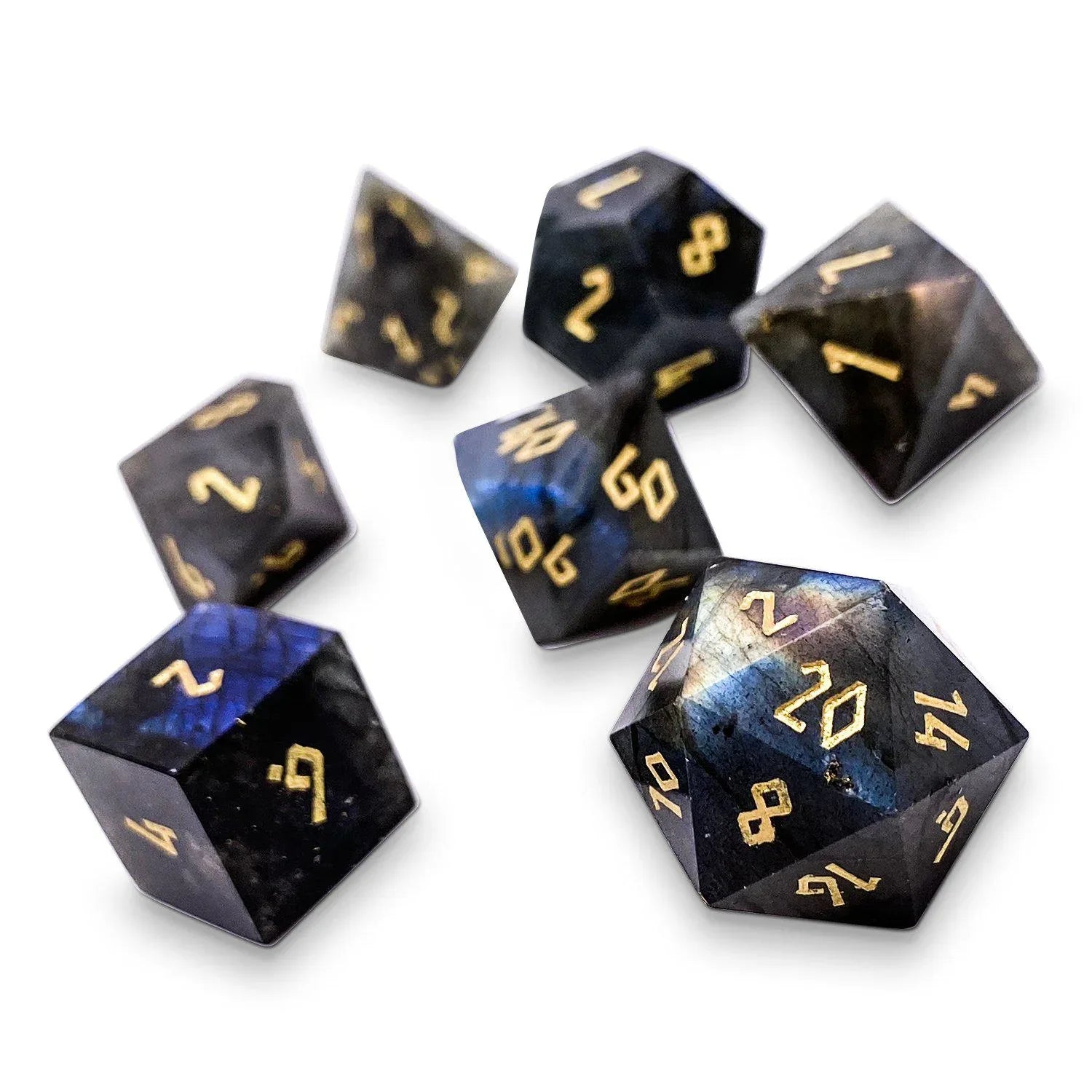 Blue Labradorite - 7 Piece RPG Set Gemstone Dice - Out of Play