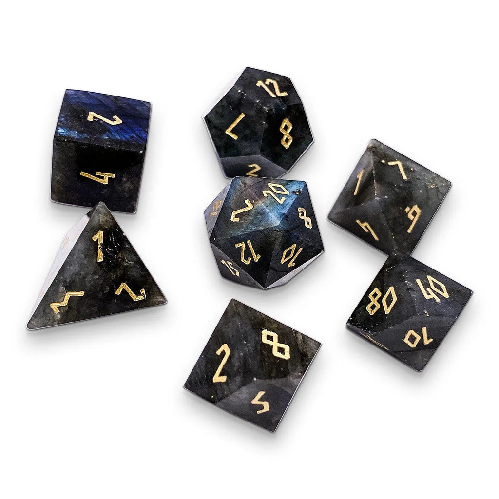 Blue Labradorite - 7 Piece RPG Set Gemstone Dice - Out of Play