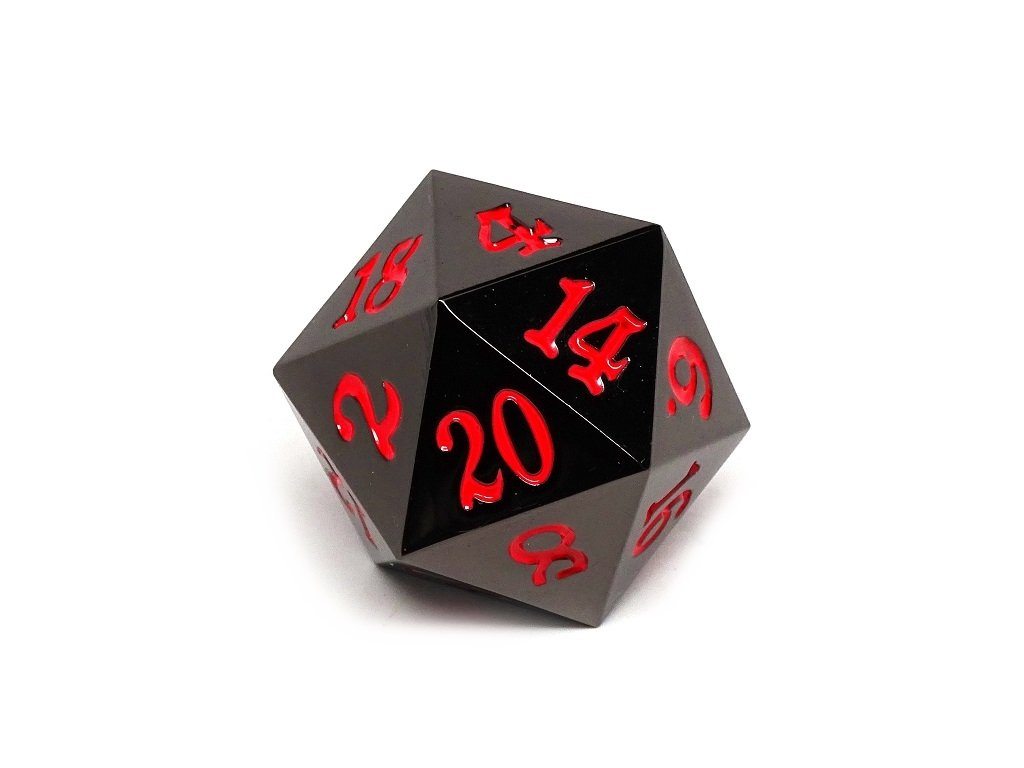 35mm Over Sized Gunmetal Red D20 Dice - Single Die - Out of Play