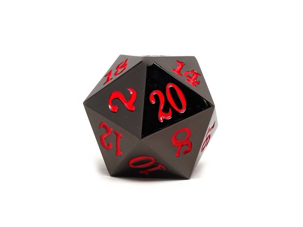 35mm Over Sized Gunmetal Red D20 Dice - Single Die - Out of Play