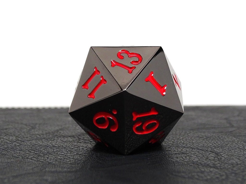 35mm Over Sized Gunmetal Red D20 Dice - Single Die - Out of Play