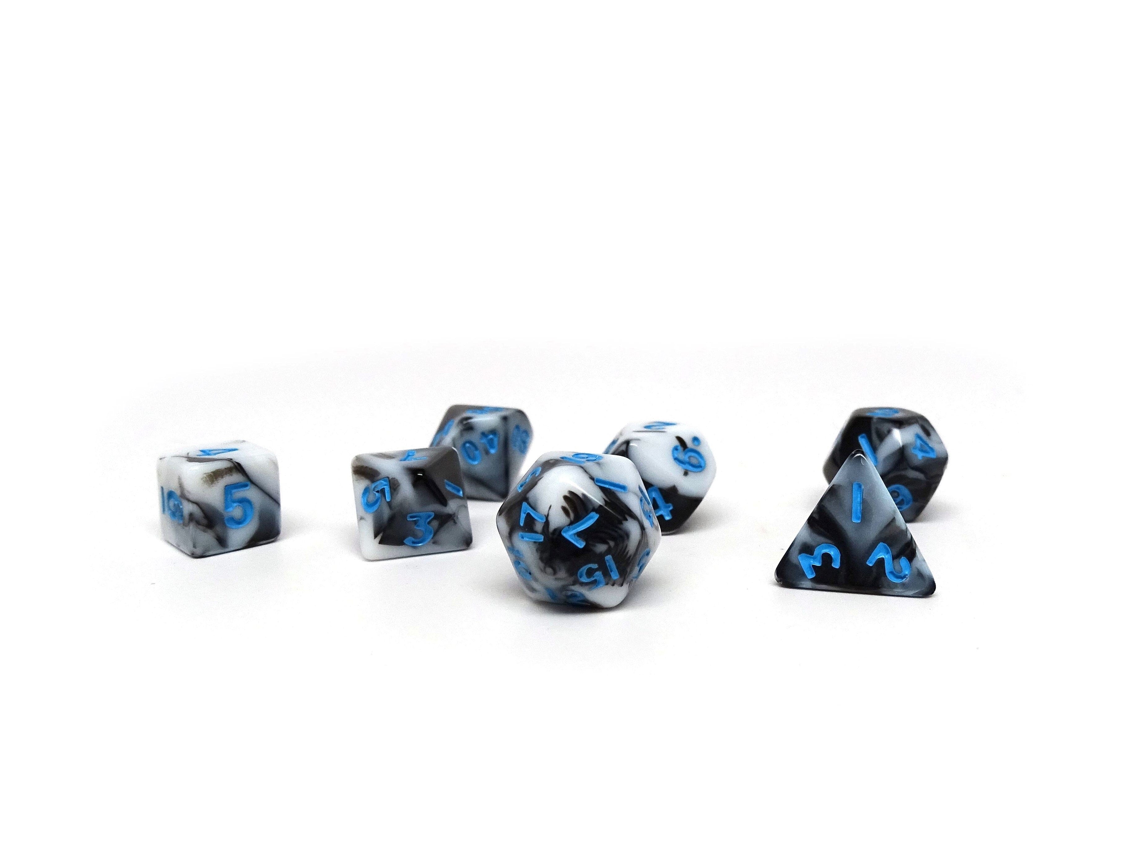 10mm Marbled with Blue Numbering Mini Dice Set - Out of Play