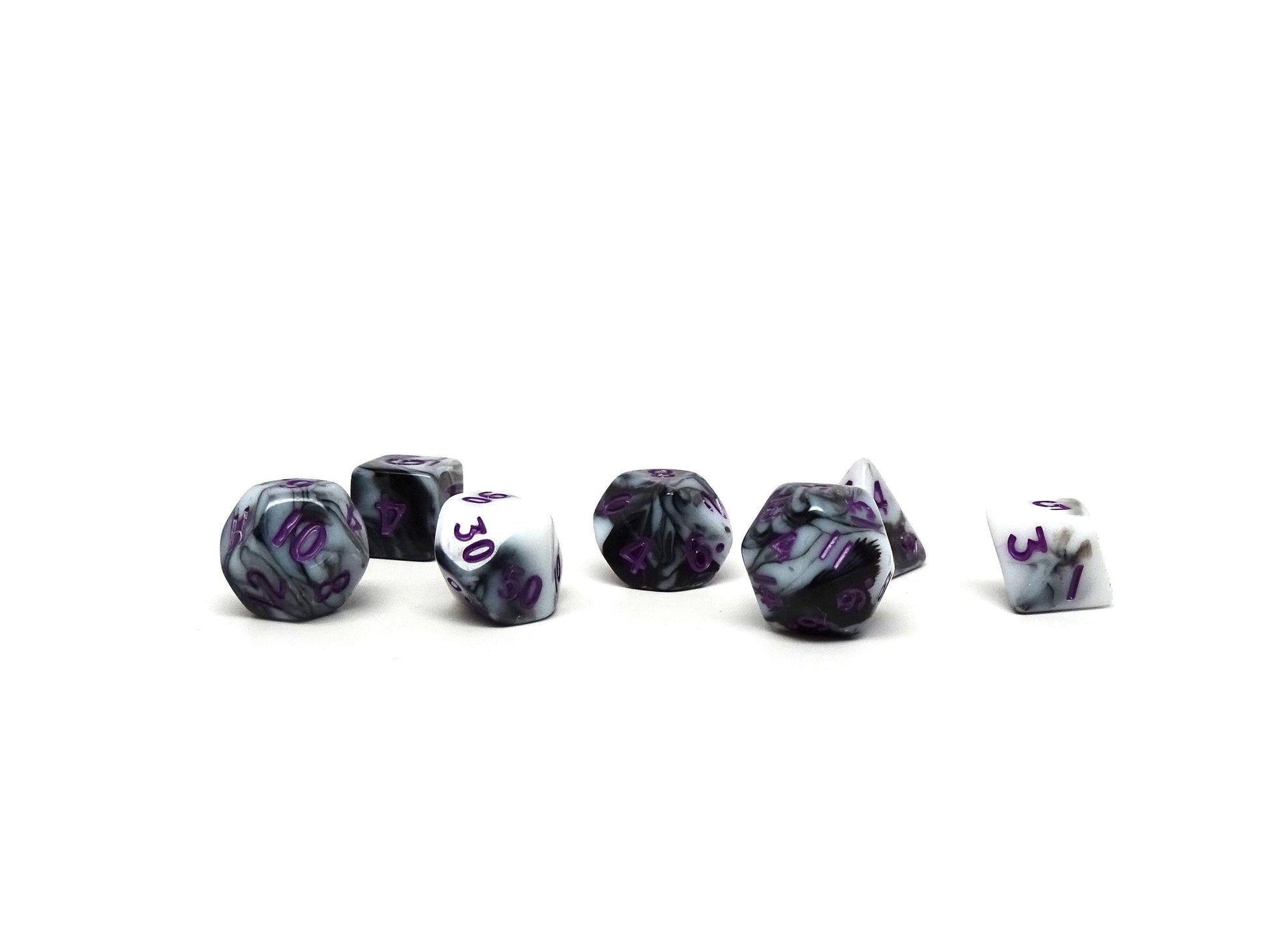 10mm Marbled with Purple Numbering Mini Dice Set Easy Roller Dice Company