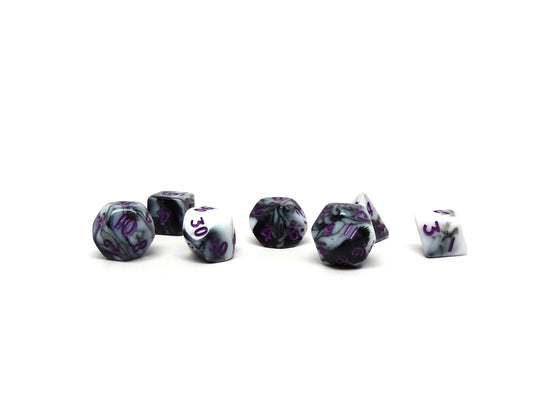 10mm Marbled with Purple Numbering Mini Dice Set Easy Roller Dice Company